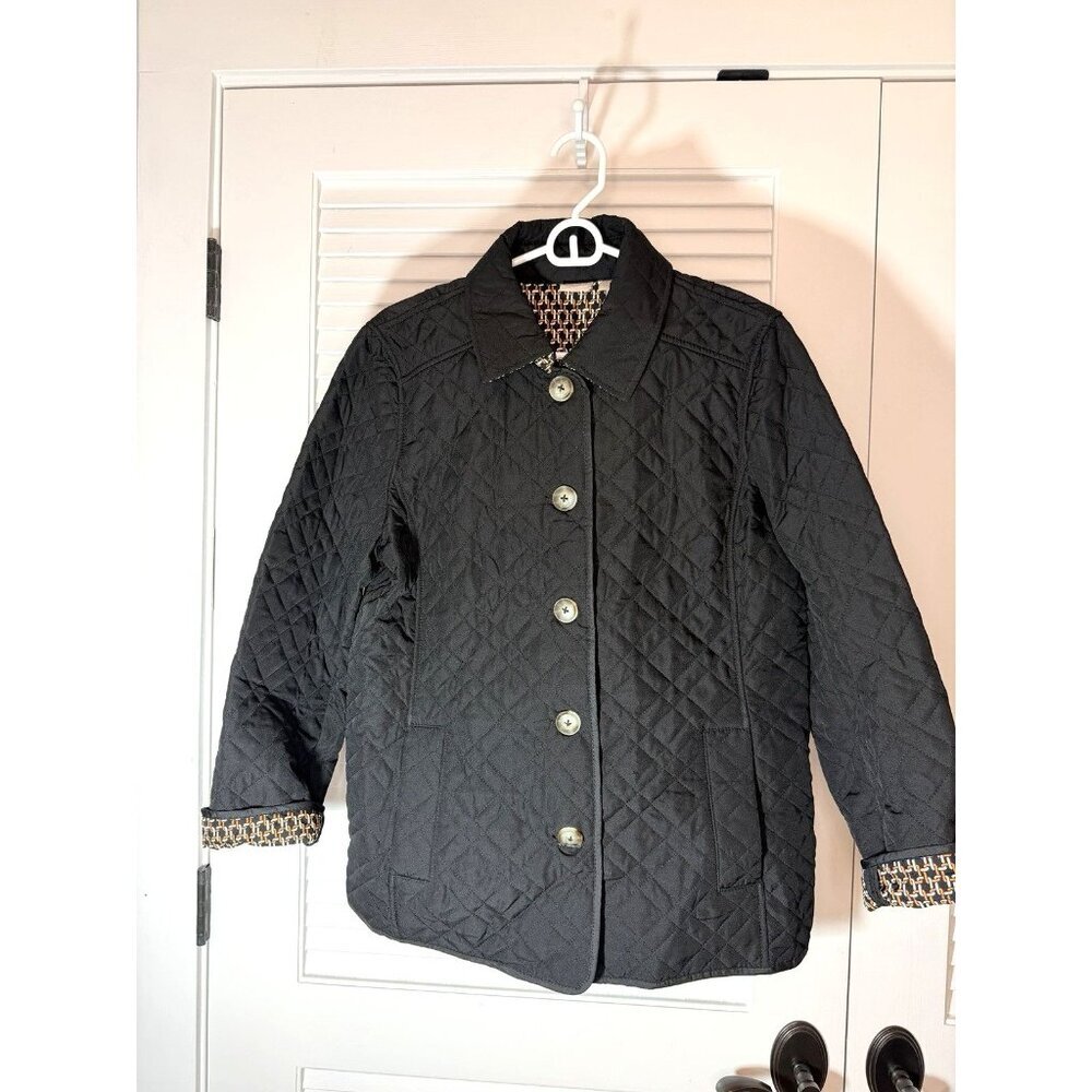 Chico’s Women’s Sz 2 (L 12-14) Black Quilted Jacket Button Front Chain NWOT